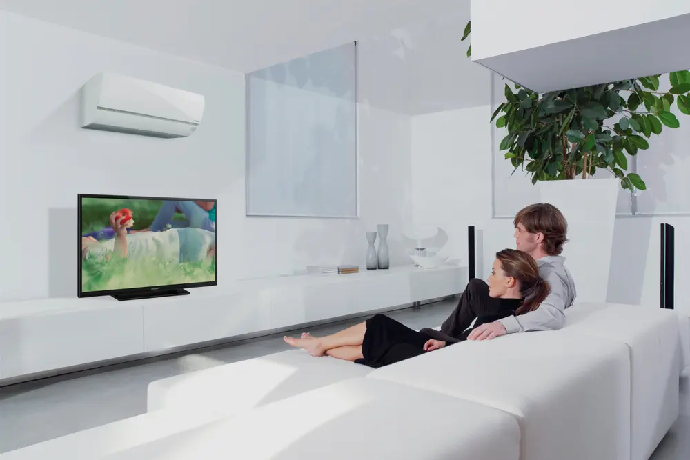 Pareja viendo la televisión a la temperatura ideal del aire acondicionado